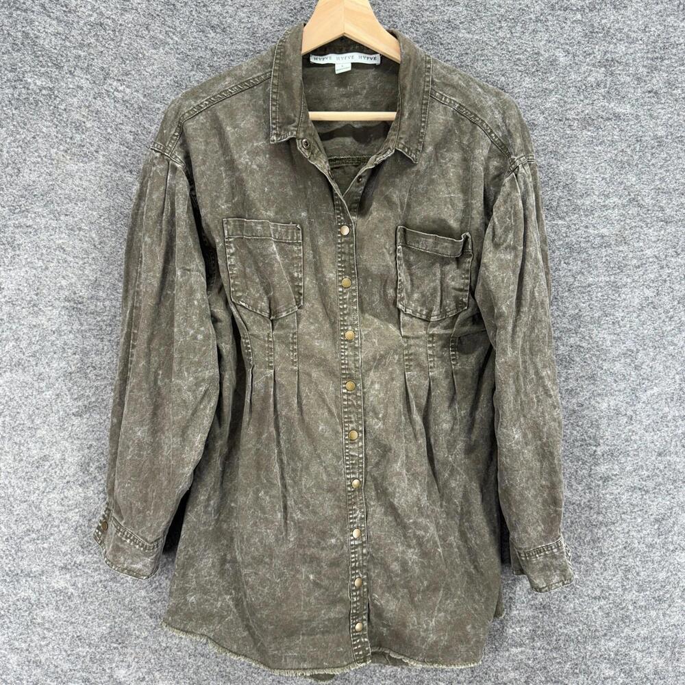 Hyfve Shirt Women L Large Gray Button Up Collared Long Sleeve Pockets Cotton